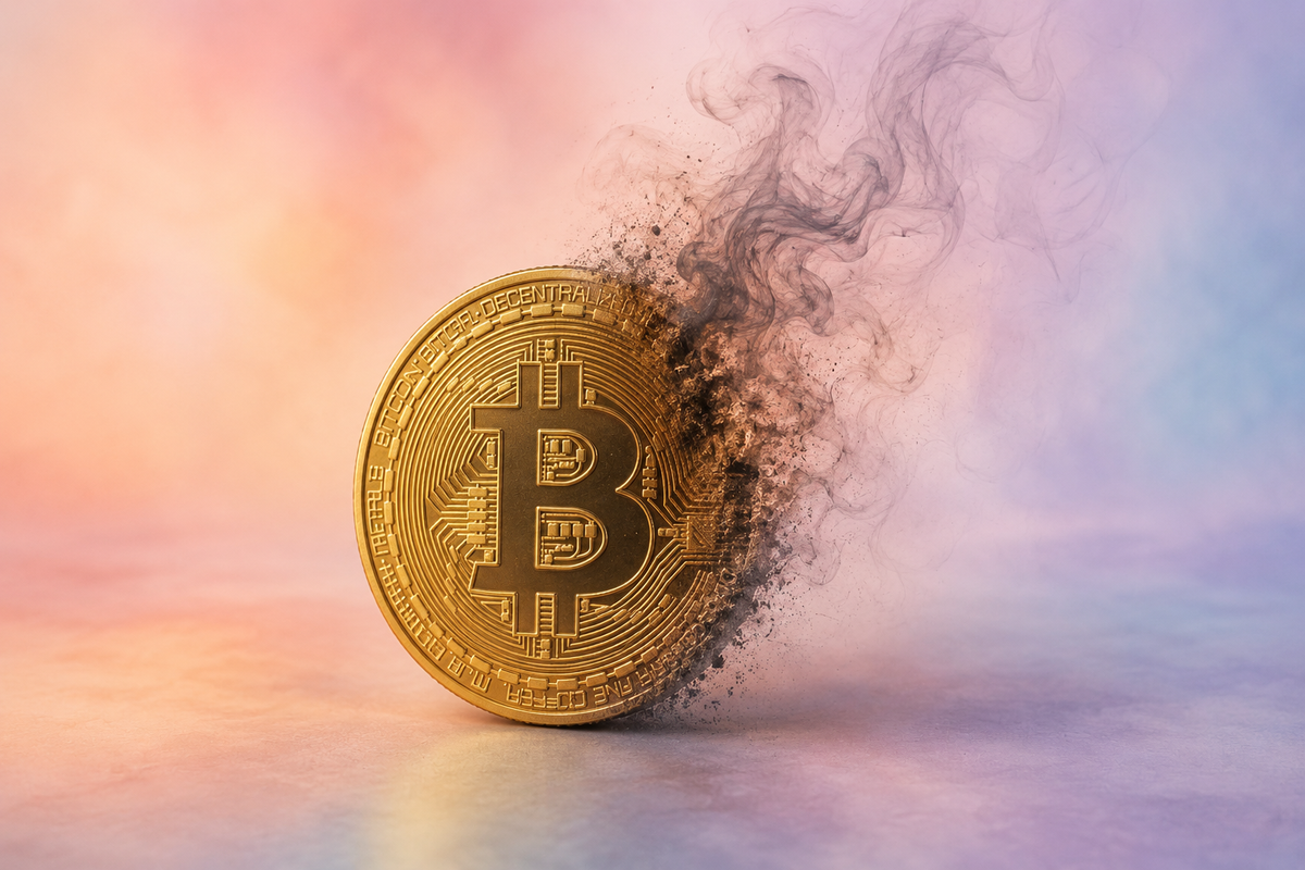 A physical bitcoin coin stands upright against a soft abstract background blending pastel colours, turning into smoke on one