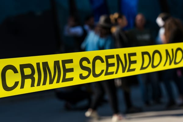 A close-up photograph of yellow crime scene tape in sharp focus reading "CRIME SCENE DO NO[T CROSS]", with a group of blurred