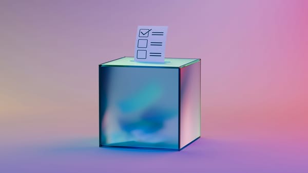 An illustration of a ballot box with part of a ballot sticking out from the top, against a lilac background.