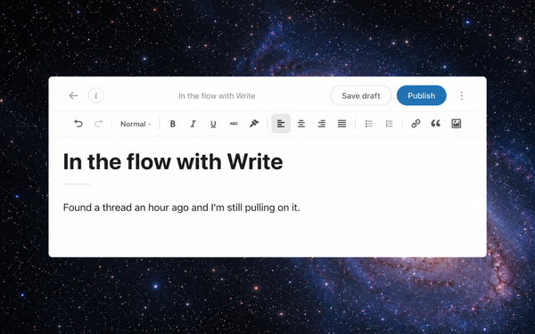 A clean, modern online writing editor displayed in the foreground against a backdrop of deep space filled with stars and a lu
